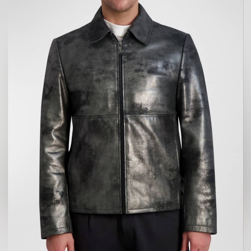 NWT Karl Lagerfeld Paris White Label Men's Metallic Leather Shirt-Collar Jacket